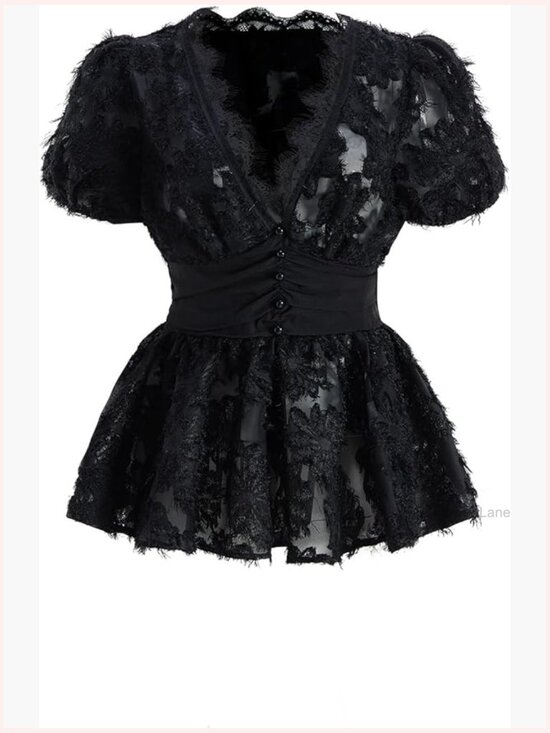 Tops - Lace Peplum Top with Deep V Neck and Puff Sleeves